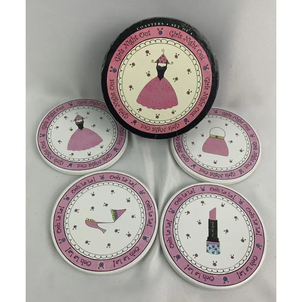 Set of 4 Girls Night Out Ceramic Coasters in Box Pink Black Foam Back 4